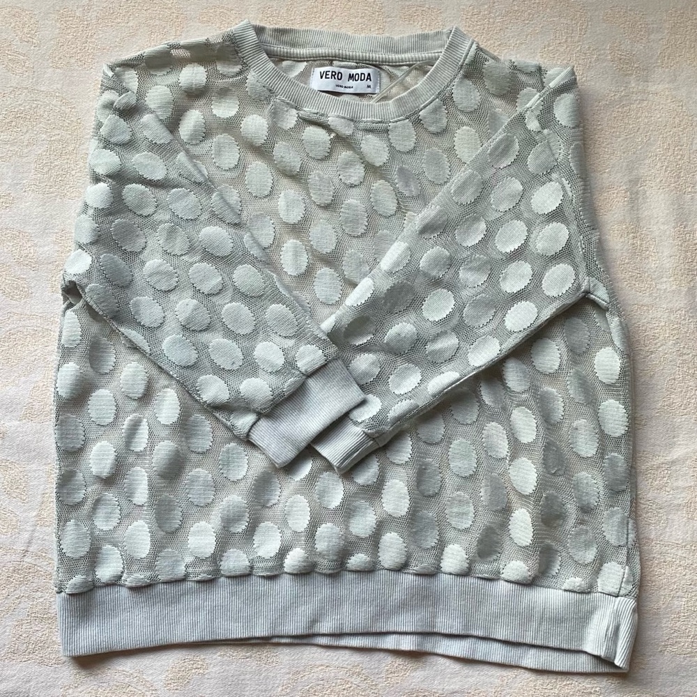 Pale Blue Mesh 3/4 Sleeve Sweater with Polka Dots